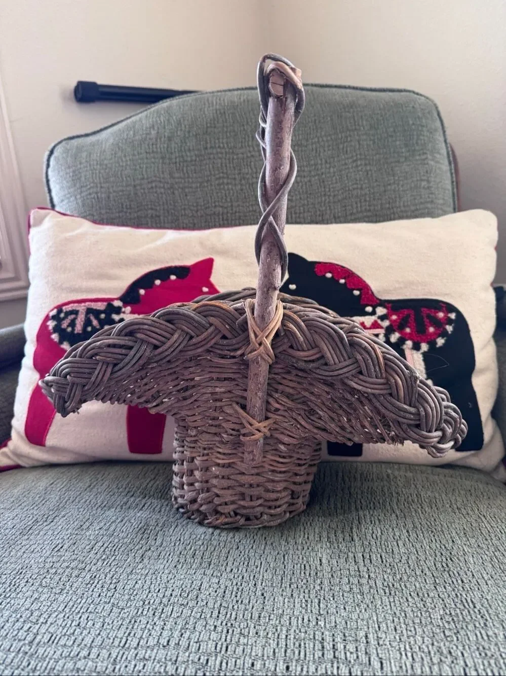 Woven hand basket with handle dark brown small size wooden feel cottage flared 9